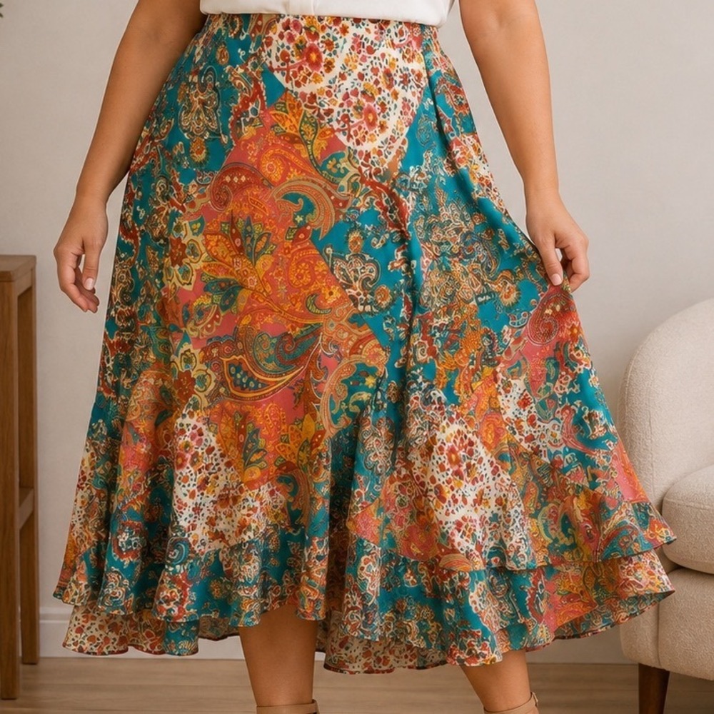 Chaps XL Paisley Floral Flowy Midi Skirt Boho Patchwork Cottagecore Ruffle